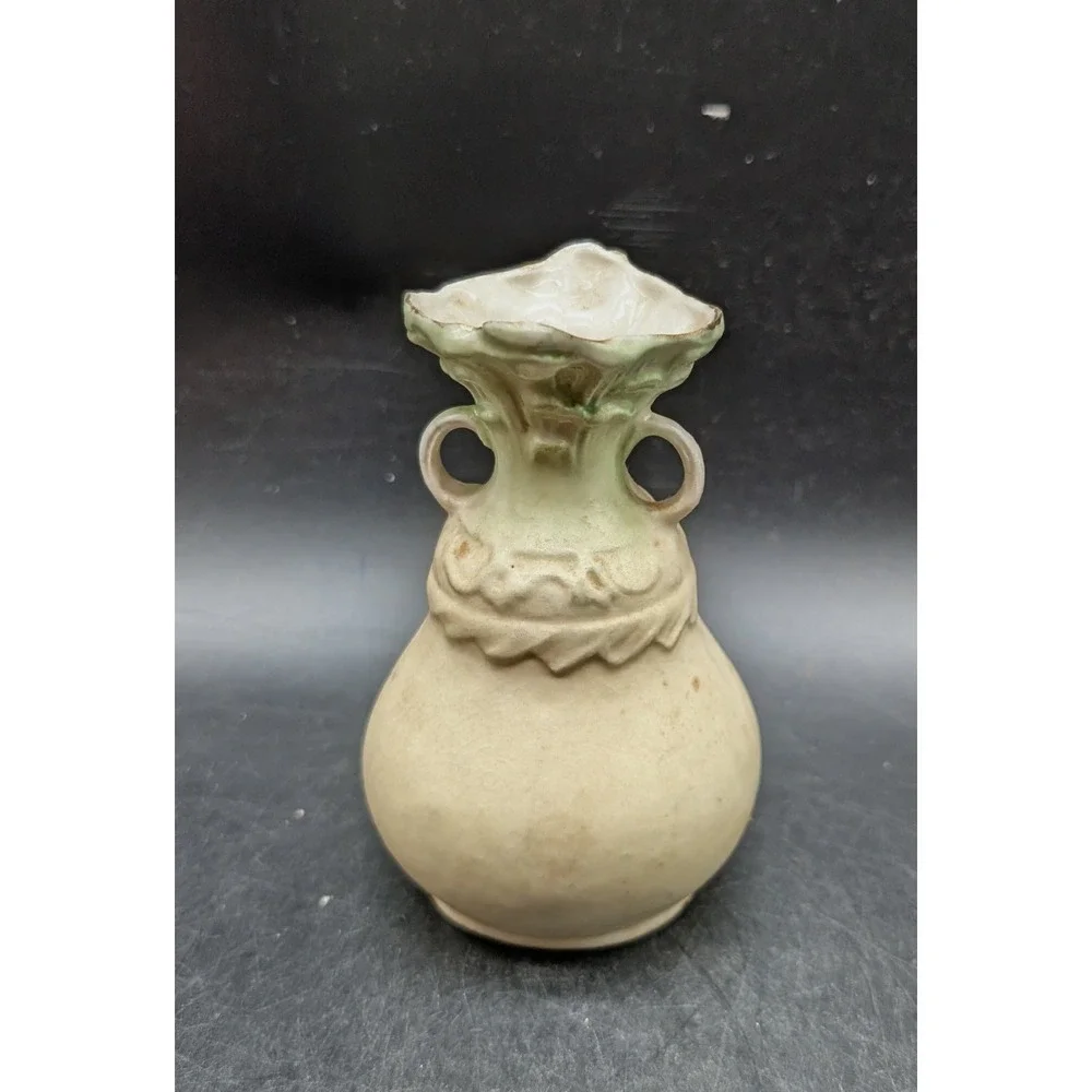 Antique Hand Painted Floral Porcelain Miniature Bud Vase Ruffled Rim 2-Handle